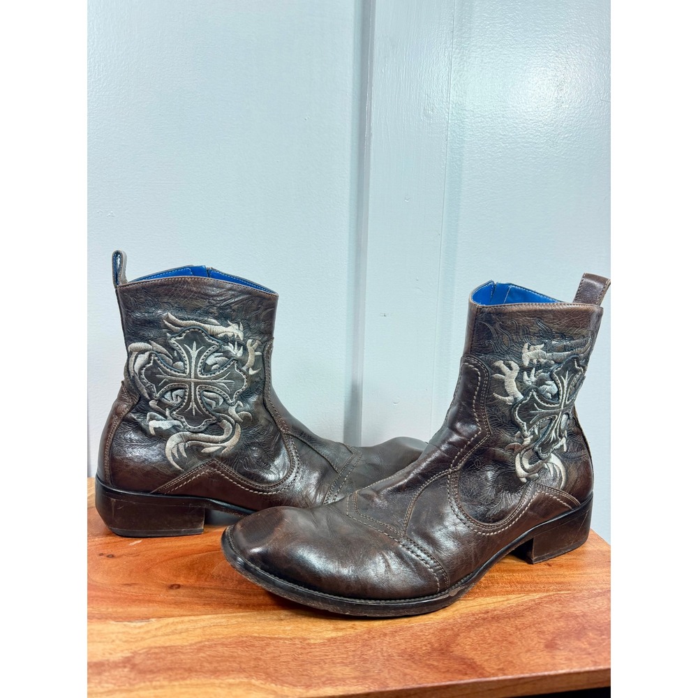 Mark Nason Rock Lives Brown Leather Gothic Cross Embroidered Boots Italy Size 12